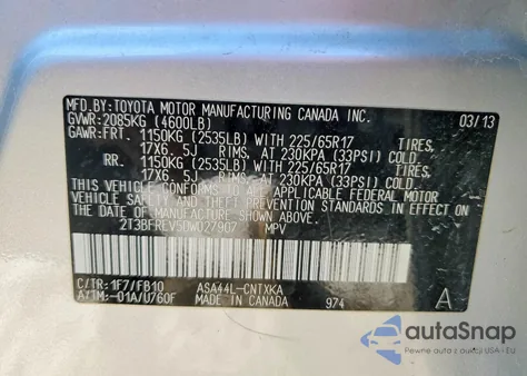 2013 Toyota Rav4 Le from USA, damaged, VIN 2T3BFREV5DW027907